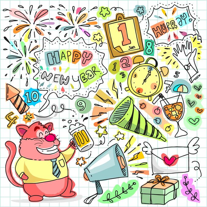 Colorful and beautiful New Year doodle with the decorations, on the paper