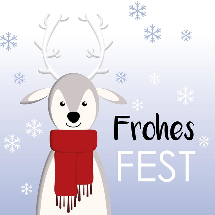 Colorful Frohes Fest greeting cat with the cute raindeer in winter