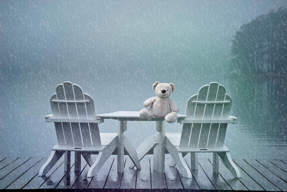 teddy bear on the table in the rain