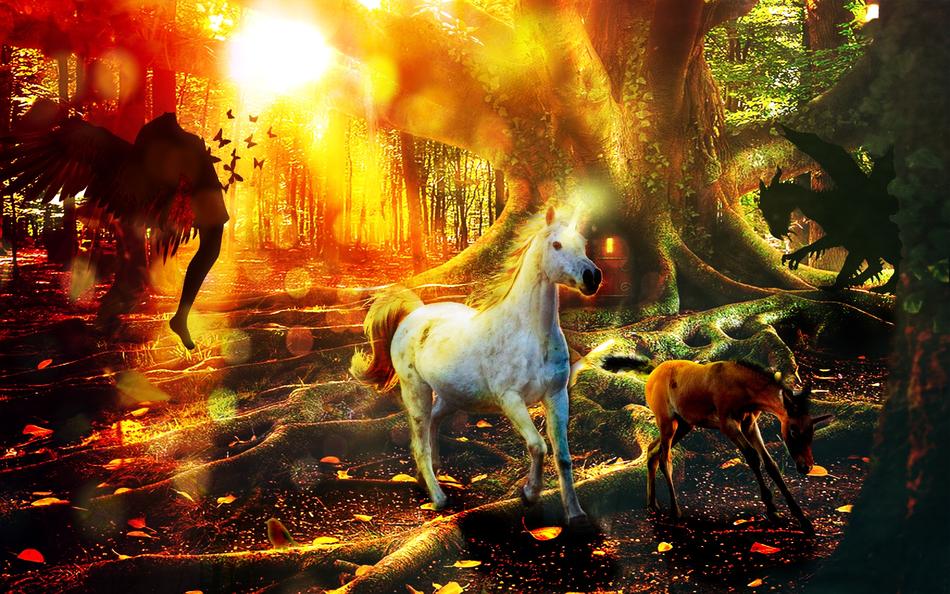 Fantasy, Unicorn with foal in Forest