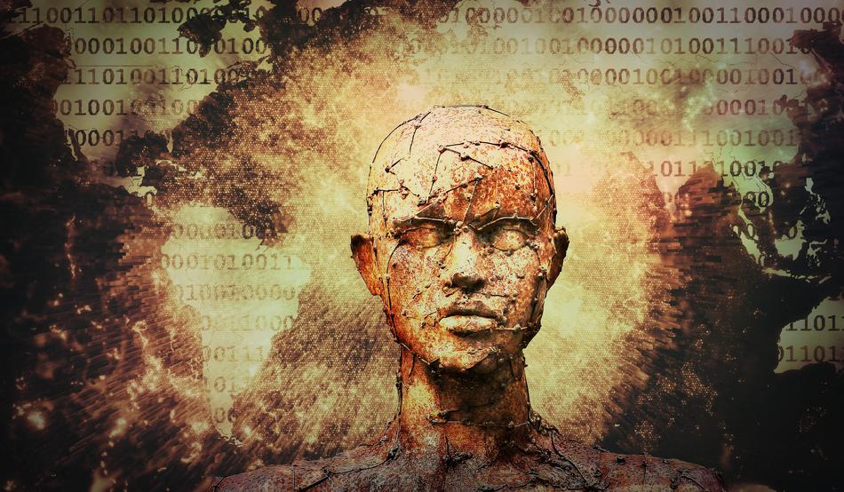 drawn monster on the background of destruction and binary code