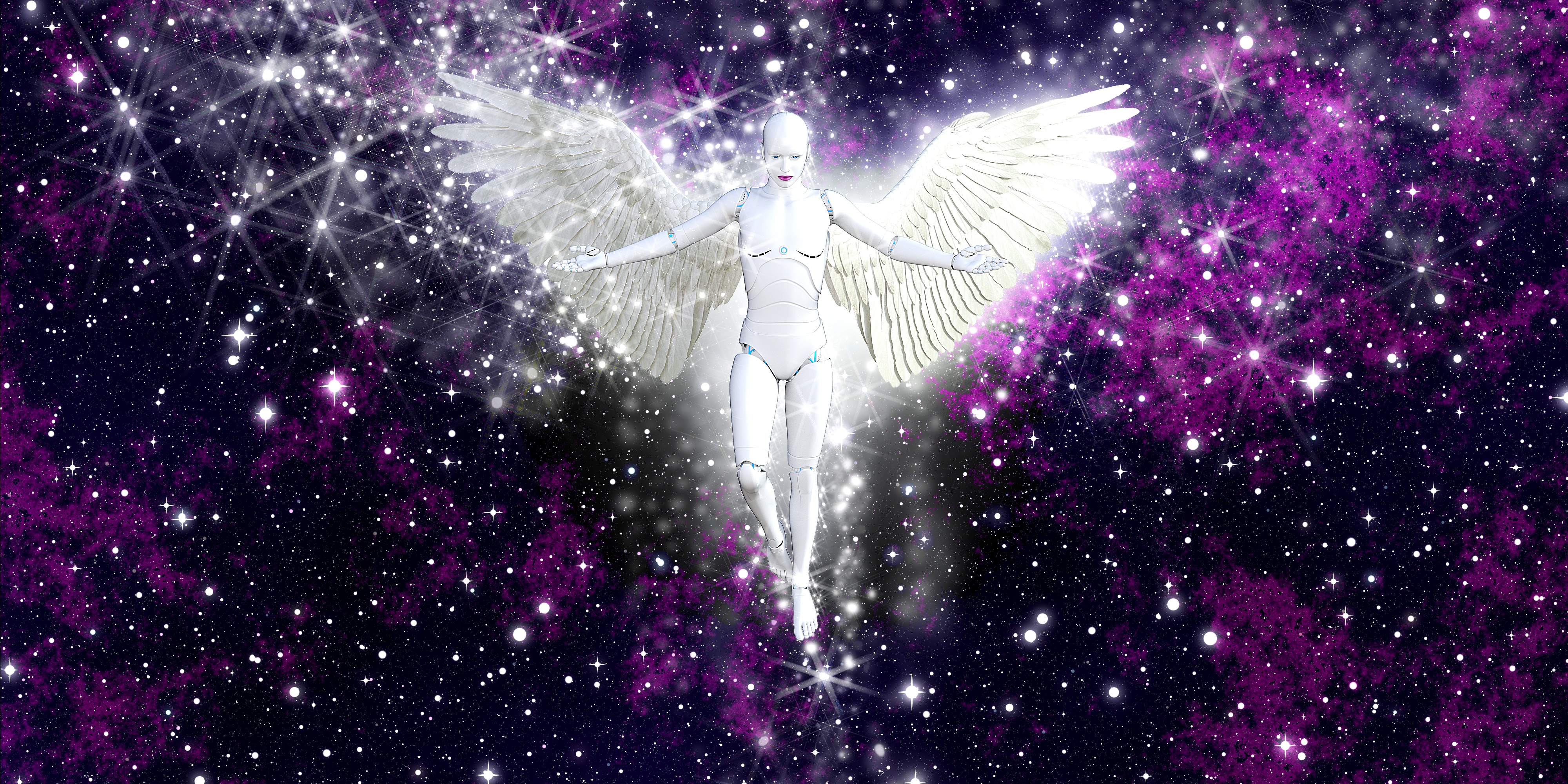 Painted white <b>angel</b> on a background of the starry sky image.