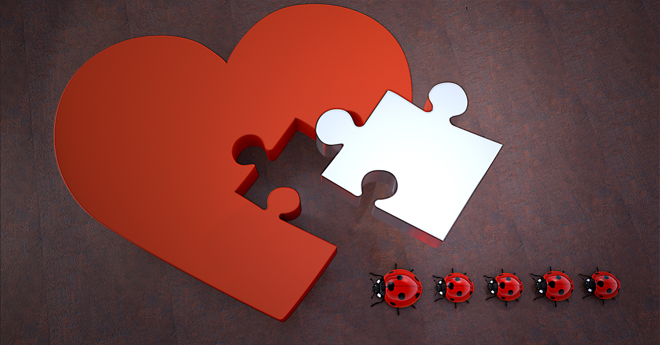 Heart shaped Puzzle and five Ladybugs render free image download