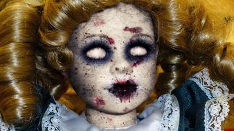 sinister doll with white eyes