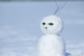 photo of a snowman with green eyes