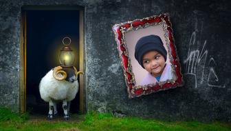 Sheep lamp head portrait of child