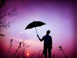 silhouette of a man with an umbrella on a pink background