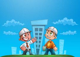 engineering, two cartoon men in safety helmets at buildings