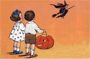 vintage halloween drawing, children with pumpkin looking at witch in flight