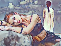 young sexy girl leaning on stone, drawing