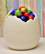 Beautiful and colorful Easter chocolate eggs in the white cracked egg