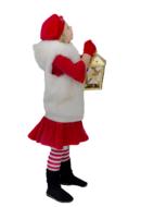 Child girl in red and white Christmas clothing, with the lantern, at white background