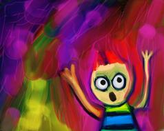 child screaming, colorful drawing