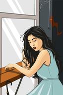 Portrait of the beautiful girl in turquoise dress, near the window, clipart
