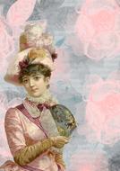 french vintage drawing of girl feathers