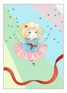 cartoon fairy, confetti and festive ribbons