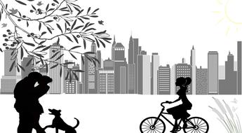 drawing of a recreation area against the background of city houses