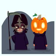 cartoon persons in death and halloween pumpkin costumes