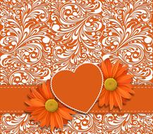 Beautiful, orange, yellow and white flowers, heart and ribbon, at floral background