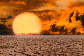 Landscape of the desert, with cracks, at colorful Sun on horizon, clipart