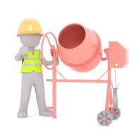 Building worker white figure with the pink concrete mixer, at white background, clipart