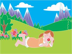 girl with flowers in a picturesque landscape as an illustration