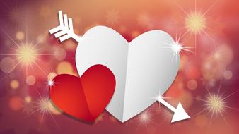 paper red and white hearts on shimmering background