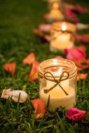 petals and candles as decoration on the grass in a blurred background