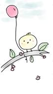 cartoon bird with balloon perched tree branch drawing