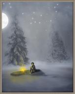 Beautiful painting with the boy with the campfire, among the beautiful snowy forest in winter