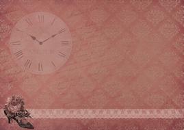 clock and flowers, vintage pink background