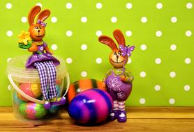 Beautiful and colorful Easter still life with Easter bunnies and Easter eggs