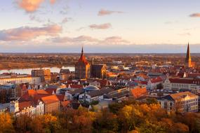 panoramic view of Rostock city in autumn twilight