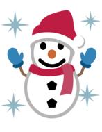 Clipart with the beautiful and colorful, smiling and decorated snowman, among the snowflakes in winter