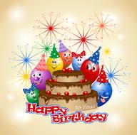 Beautiful and colorful Happy Birthday greeting card with cake, balloons in hats and fireworks