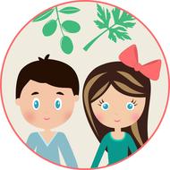 Clipart of the boy and girl with green plants in round frame