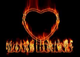 burning heart and love burns on a black background