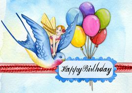 happy birthday greeting card bird girl drawing