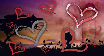 Silhouette of a couple, on the beautiful and colorful landscape, with colorful hearts, clipart