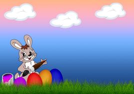 cartoon hare paints easter eggs in the meadow