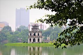 ruins on an island on a lake in hanoi