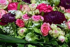 Bouquet of beautiful and colorful flowers with green leaves