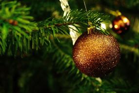 Beautiful, shiny Christmas decorations on the green fir tree