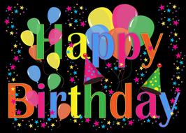 Colorful "Happy Birthday" sign, with the decorations, at black background, clipart