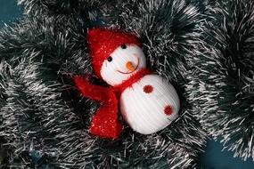 funny figurine of a snowman on fir branches