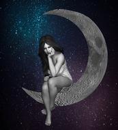 Cloe-up of the woman, sitting on the Crescent Moon, among the beautiful and colorful space, on clipart