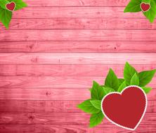 Beautiful, red and white hearts with green leaves, on the pink, wooden texture, clipart