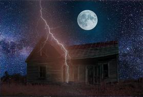 abandoned house during a thunderstorm at night