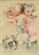 vintage collage kids drinking milk and puppies