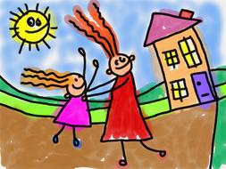 Beautiful, colorful and cute cartoon drawing of the family near the house, and smiling Sun in the sky